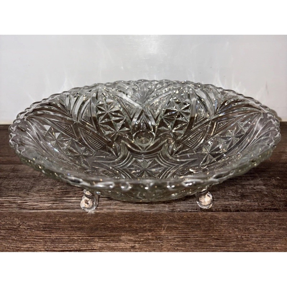 Clear Cut Glass Footed Bowl/Dish Vintage Hobstar and Fans Design Candy Dish